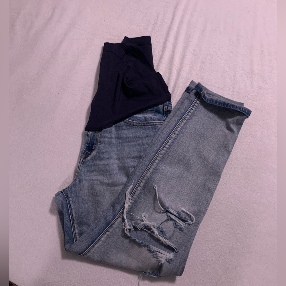 Pinkblush Light Blue Distressed Boyfriend Maternity Jeans with Navy Panel